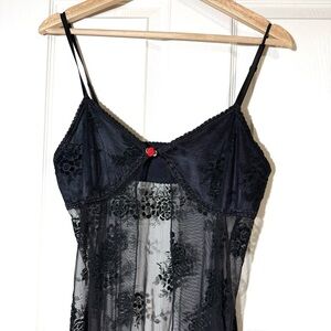 Sheer Black Velvet Floral Lace Slip Maxi Dress Rose Bow Whimsygoth Fairy Grunge